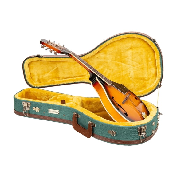Crossrock Master Series- Wooden A-style Mandolin Case- Security Lock, Genuine Leather Handle, Reinforced Hardware, Metal Feet, Storage Space- Malachite Blue