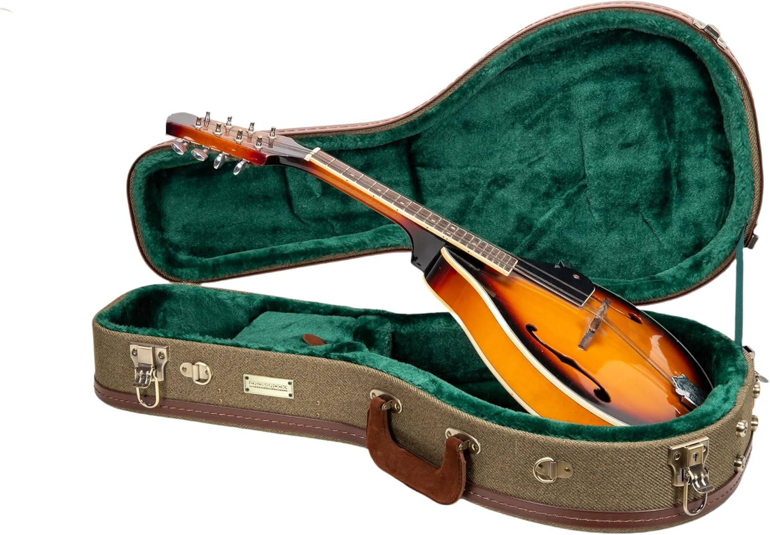 Crossrock Master Series- Wooden A-style Mandolin Case- Security Lock, Genuine Leather Handle, Reinforced Hardware, Metal Feet, Storage Space- Olive Green