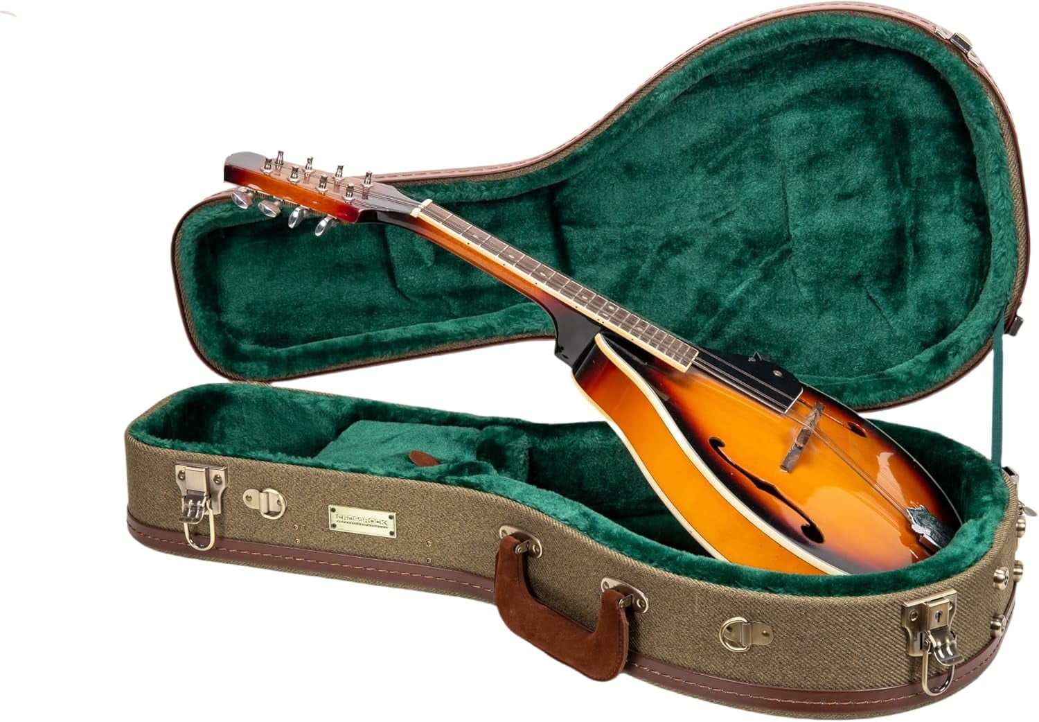 Crossrock Master Series- Wooden F-style Mandolin Case- Security Lock, Genuine Leather Handle, Reinforced Hardware, Metal Feet, Storage Space- Olive Green