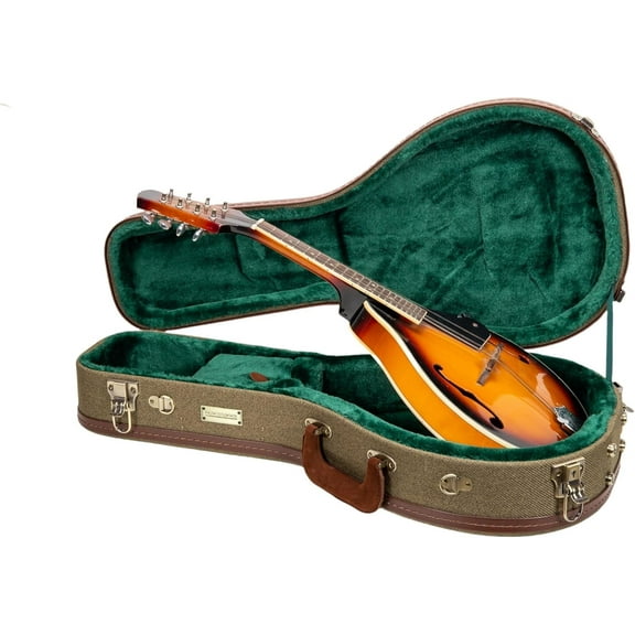 Crossrock Master Series- Wooden F-style Mandolin Case- Security Lock, Genuine Leather Handle, Reinforced Hardware, Metal Feet, Storage Space- Olive Green