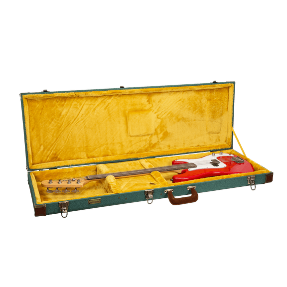 Crossrock Master Series- Wooden Fender Precision & Jazz Bass Guitar Case- Security Lock, Genuine Leather Handle, Reinforced Hardware, Metal Feet, Storage Space- Malachite Blue (CRW720BMB)