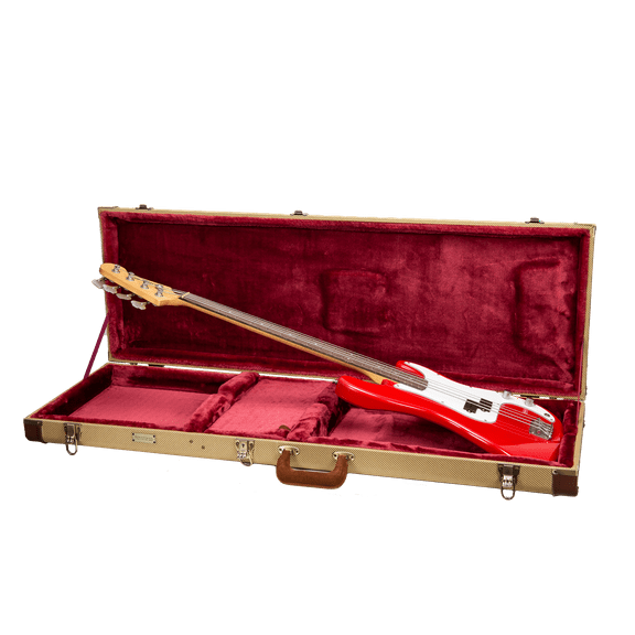 Crossrock Master Series- Wooden Fender Precision & Jazz Bass Guitar Case- Security Lock, Genuine Leather Handle, Reinforced Hardware, Metal Feet, Storage Space- Fabric Tweed (CRW720BFT)