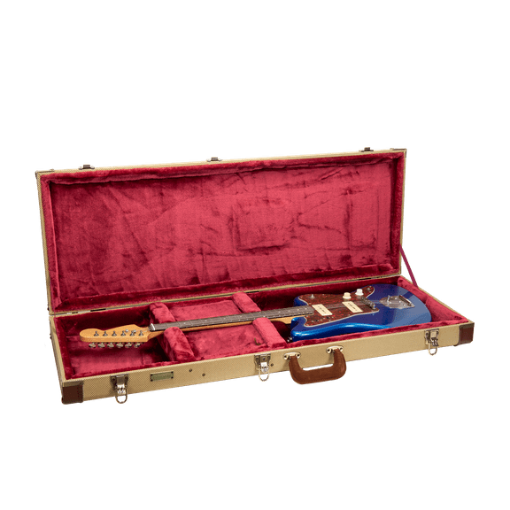 Crossrock Master Series - Wooden Jazzmaster/Jaguar Style Electric Guitar Case - Security Lock, Genuine Leather Handle, Reinforced Hardware, Metal Feet, Large Storage Space- Fabric Tweed