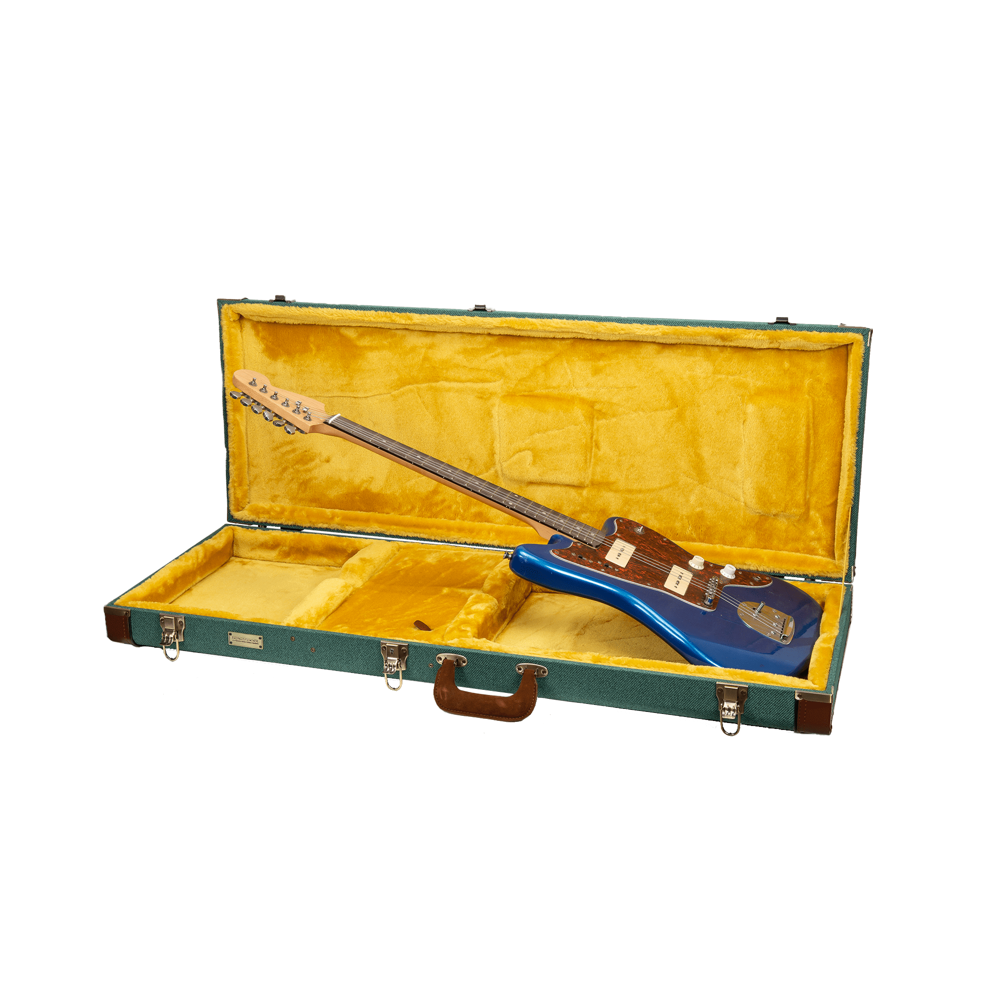 Crossrock Master Series - Wooden Jazzmaster/Jaguar Style Electric Guitar Case - Security Lock, Genuine Leather Handle, Reinforced Hardware, Metal Feet, Storage Space- Malachite Blue Tweed