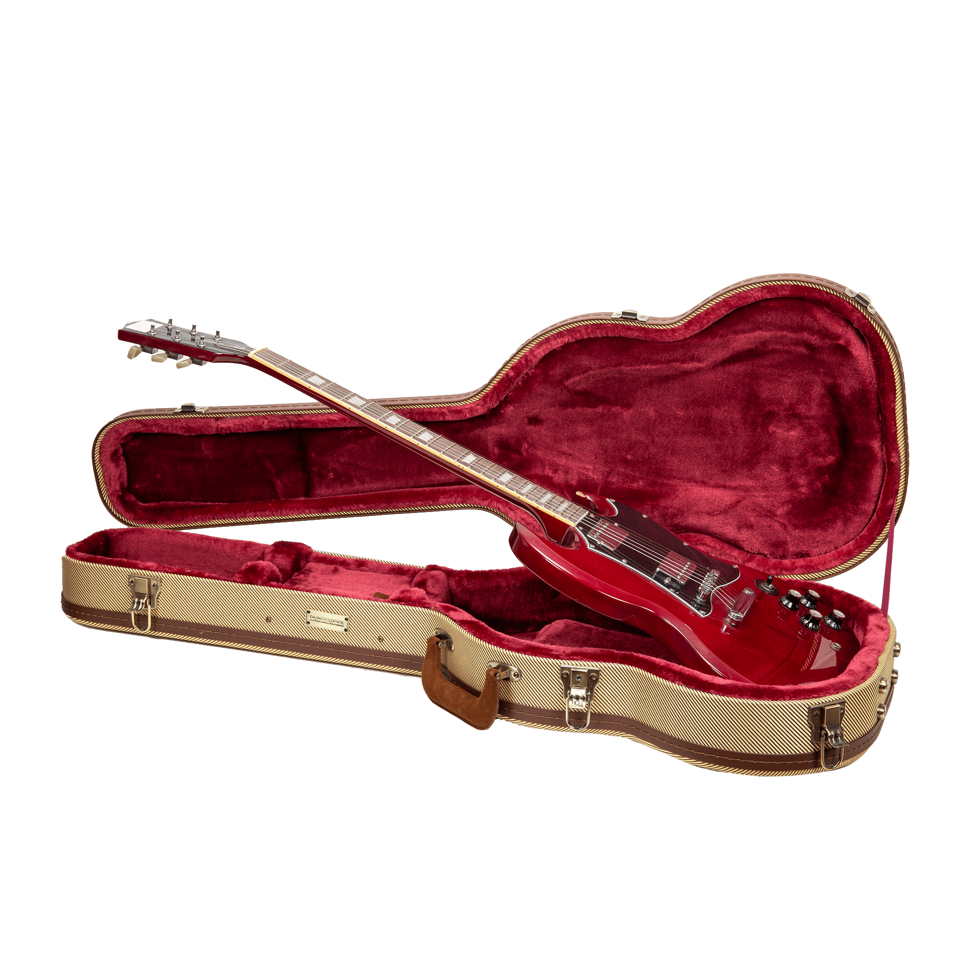 Crossrock Master Series - Wooden SG Electric Guitar Case - Security Lock, Genuine Leather Handle, Reinforced Hardware, Metal Feet, Storage Space- Fabric Tweed
