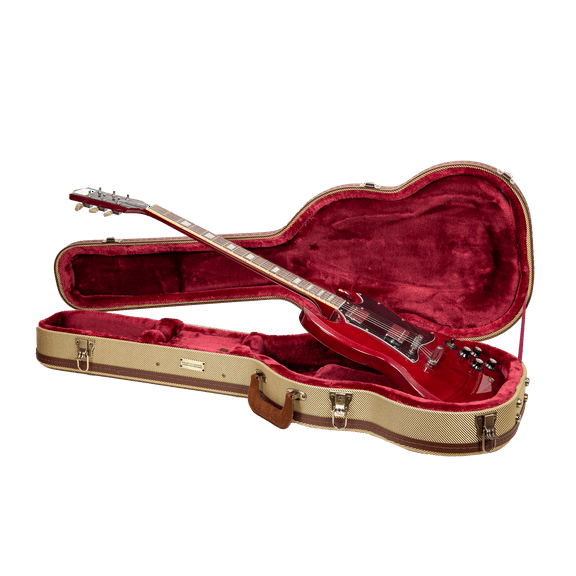 Crossrock Master Series - Wooden SG Electric Guitar Case - Security Lock, Genuine Leather Handle, Reinforced Hardware, Metal Feet, Storage Space- Fabric Tweed