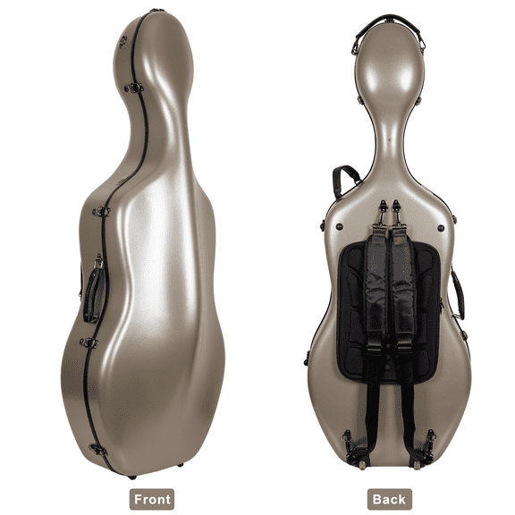 Crossrock Poly Carbon Case with Wheels fits 4/4 Full Size Cello, Includes Outside Music Pouch, 3 Handles, Detachable Straps-Champagne
