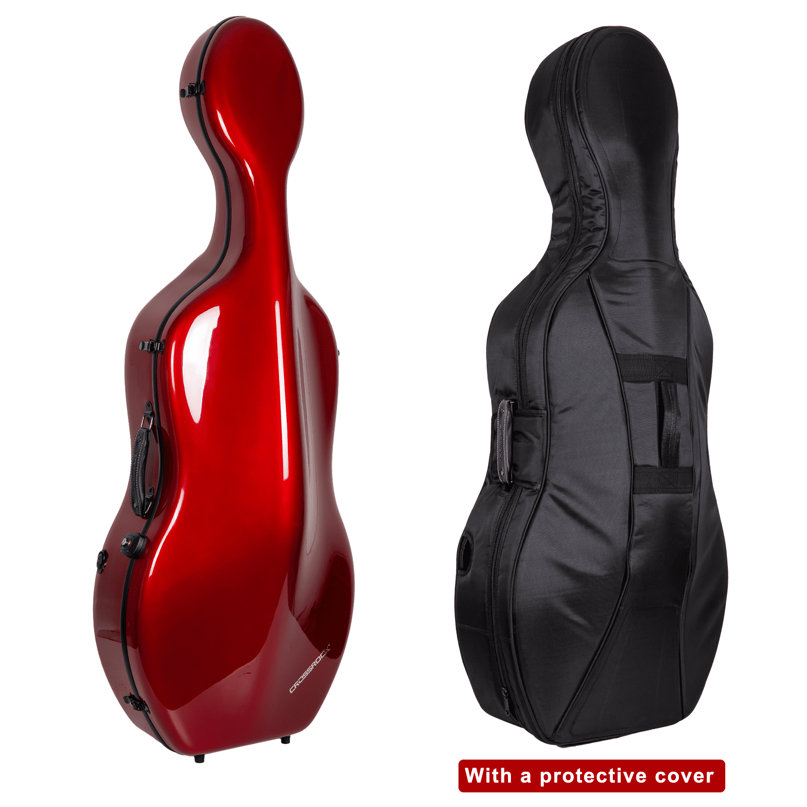 Crossrock Ultra Carbon Fiber Case fits 4/4 Full Size Cello, Super lightweight as 6 lb, with Protective Cover, TSA Lock -Pearlescent Red