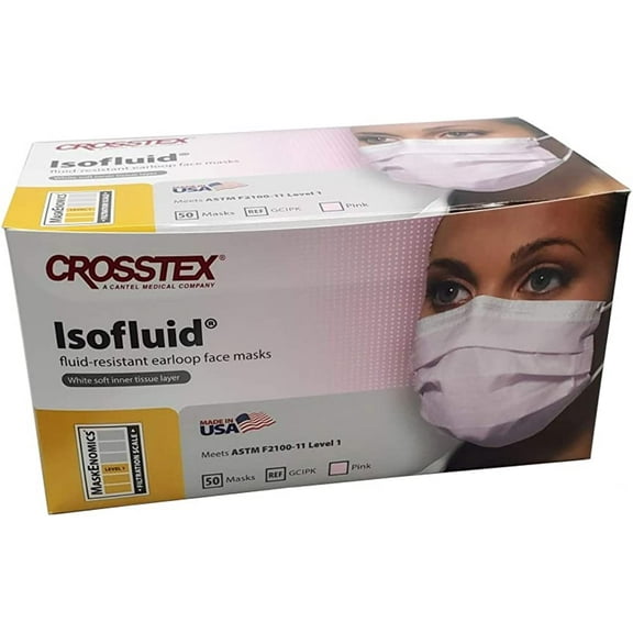 Crosstex GCIPK Isofluid Earloop Disposable Face Masks ASTM Level 1 Pink 50/Bx