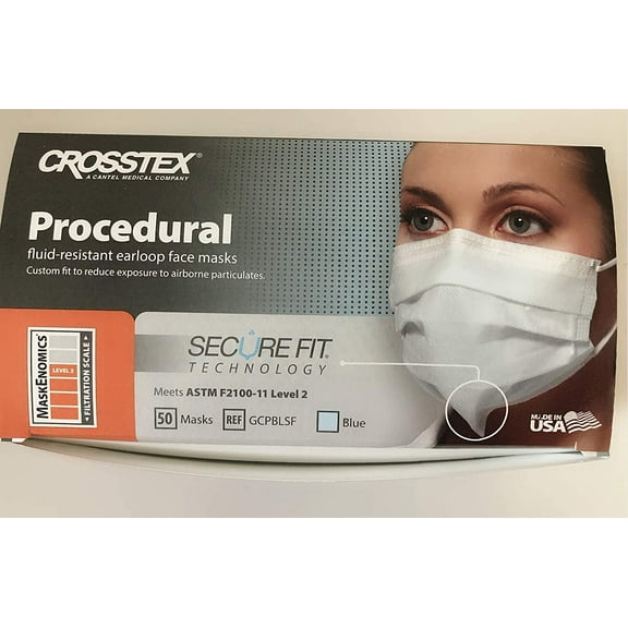 Crosstex GCPBLSF SecureFit Procedural Earloop Face Masks Fluid Resistant Blue 50/Bx