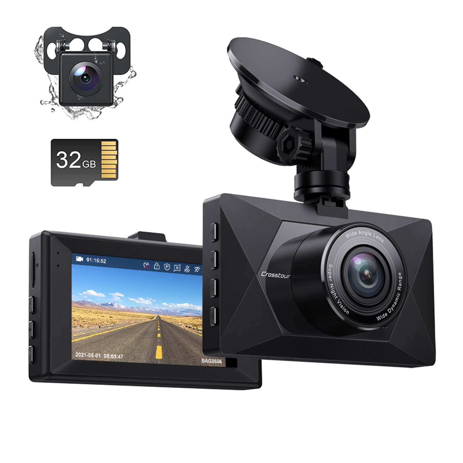 Crosstour Dash Cam Front and Rear Car Camera, 3”Full HD 1080P Front & Rear Car Camera with 32GB SD Card, Black - image 1 of 8