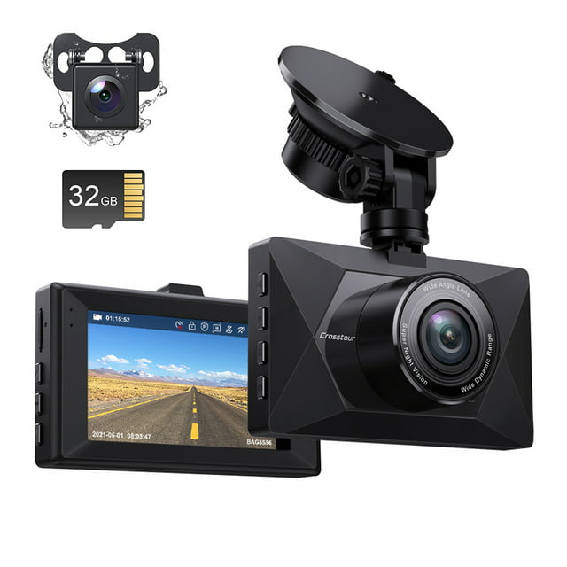 Crosstour Dash Cam Front and Rear Car Camera, 3”Full HD 1080P Front & Rear Car Camera with 32GB SD Card, Black