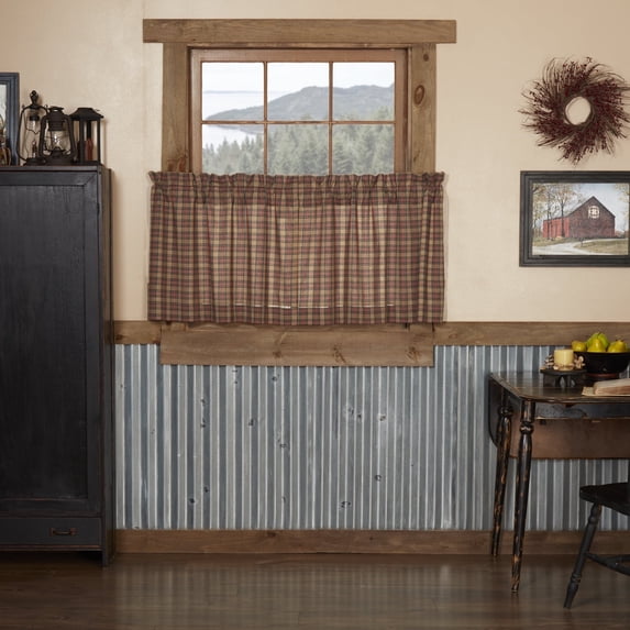 VHC Brands Crosswoods Plaid Cotton Primitive Kitchen Curtains Rod Pocket Hanging Loops 24x36 Tier Pair, Natural Tan