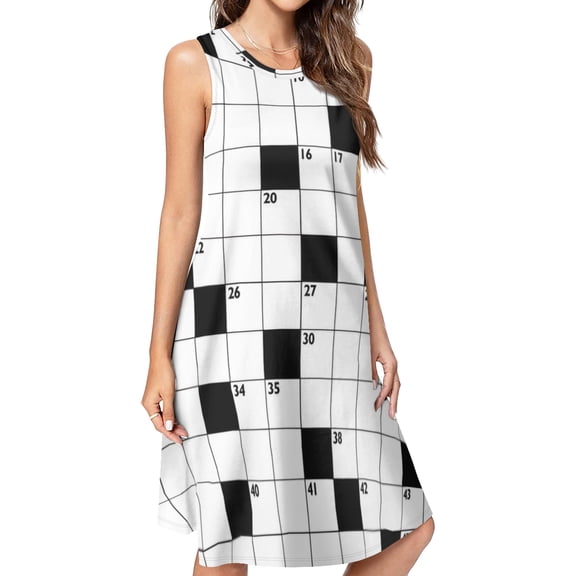Crossword Empty Boxes Pattern Spring Summer Dresses for Women Fashion T-shirt Dress Casual Sleeveless Loose Sundress with Pockets