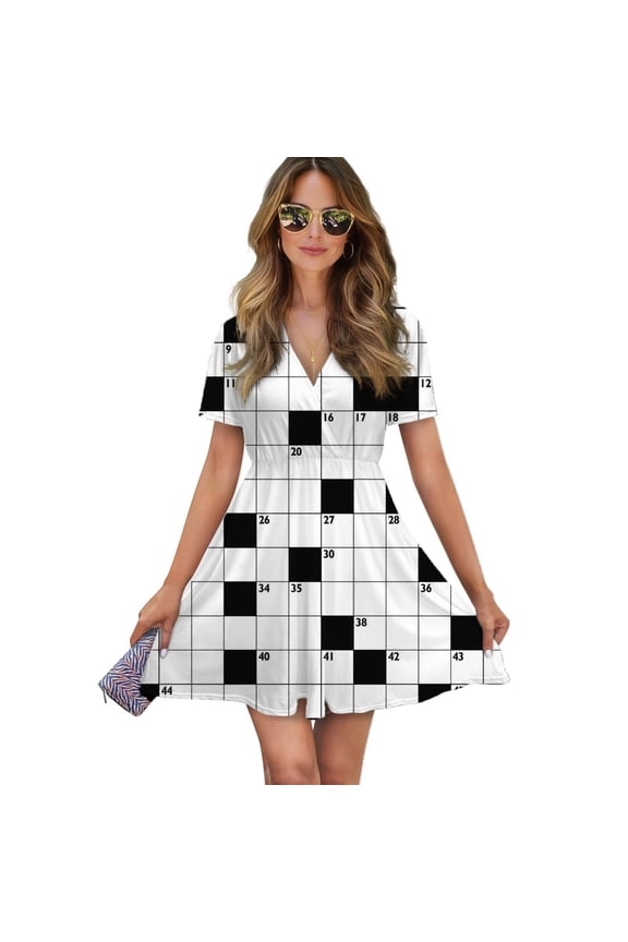 Crossword Empty Boxes Pattern Women Dress V-Neck Short Sleeve Flowy Swing Party Midi Dress