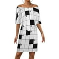 thumbnail image 1 of Crossword Empty Boxes Pattern Women's Off The Shoulder Ruffles Summer Wedding Guest Loose Casual Party Beach Dress, 1 of 9