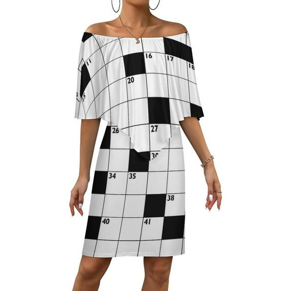 Crossword Empty Boxes Pattern Women's Off The Shoulder Ruffles Summer Wedding Guest Loose Casual Party Beach Dress