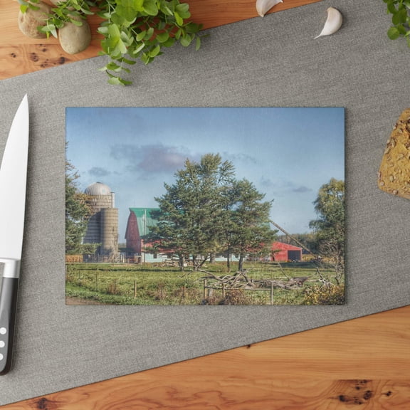 U R There Photography Croswell Wagner Road Red Rustic Farmhouse Tempered-Glass Cutting Board 8"x 11"