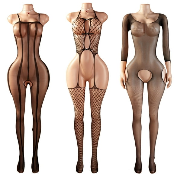 AESKEIA Crotchless Lingerie Women Lace Mesh Floral Print Bodystockings Teddy Bodysuits Black 3 Piece Combination Set One Size