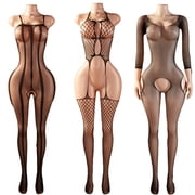 AESKEIA Crotchless Lingerie Women Lace Mesh Floral Print Bodystockings Teddy Bodysuits Black 3 Piece Combination Set One Size