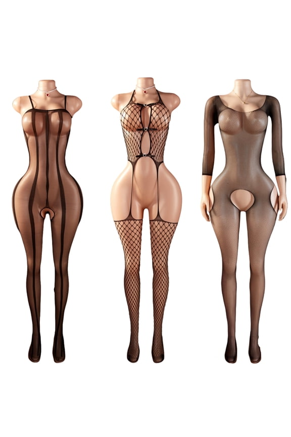 Crotchless Lingerie Women Lace Mesh Floral Print Bodystockings Teddy Bodysuits Black 3 Piece Combination Set One Size