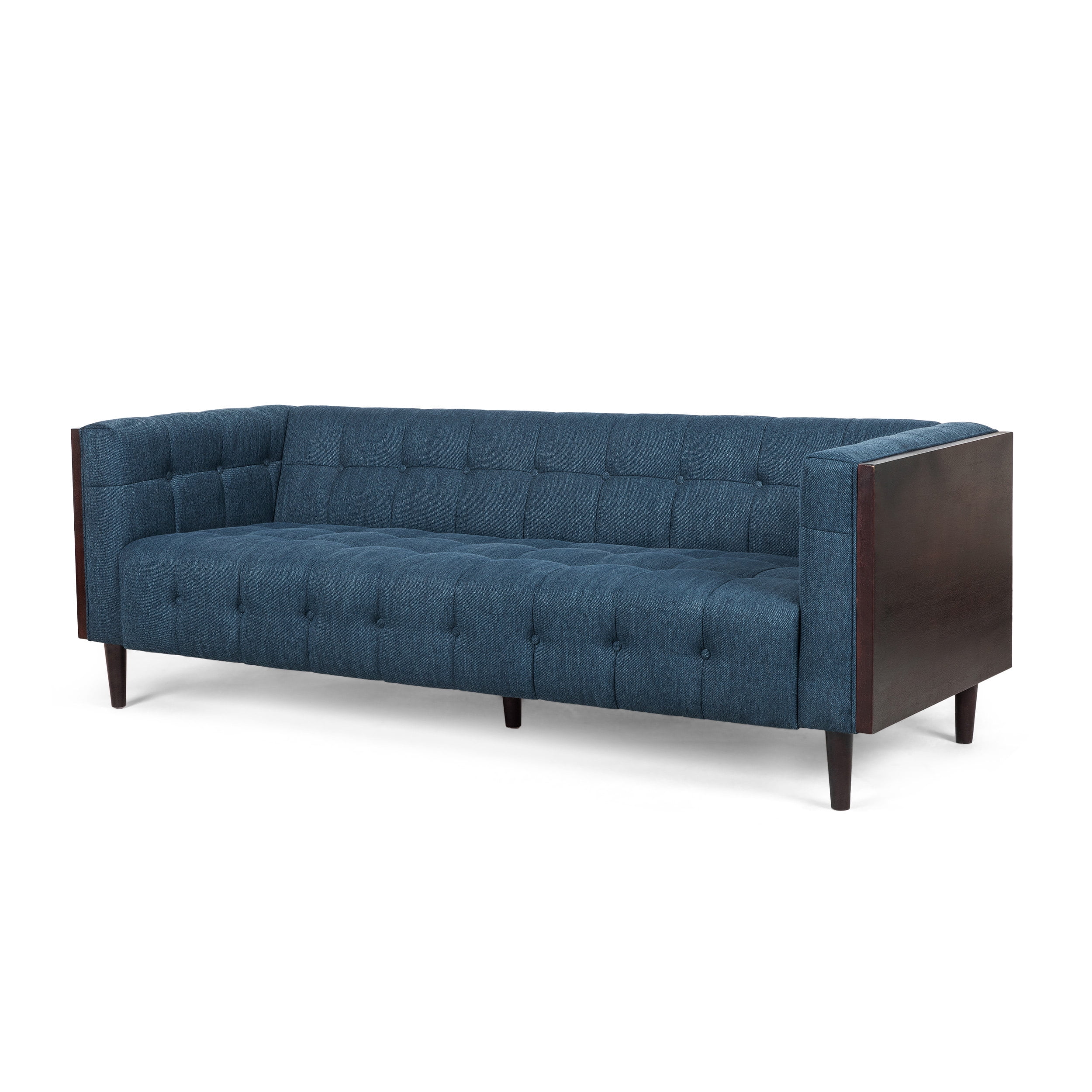 Elegant Navy Blue and Brown Sofa: Timeless Home Styling