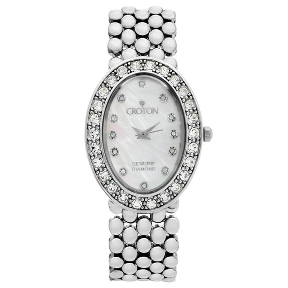 Croton Ladies Silvertone Oval Mother of Pearl Dial Watch with Diamond Markers