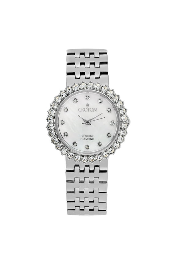 Ladies Silvertone Round Mother of Pearl Dial Watch with Diamond Markers