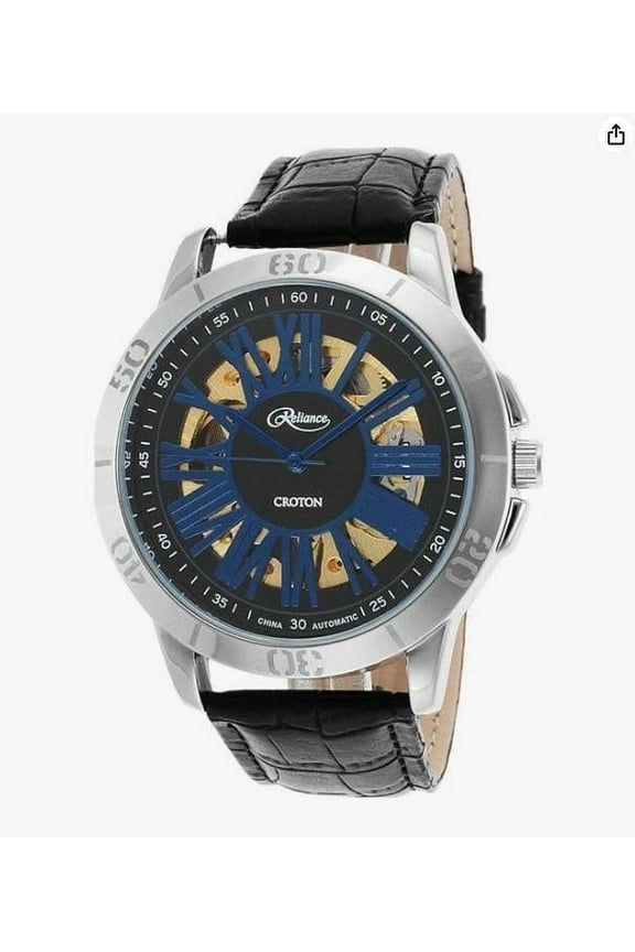 Watch - Silver/Blue Partial Skeleton - Black Leather