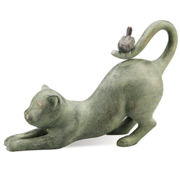 Crouching Cat Verdigris Green Metal Garden Sculpture