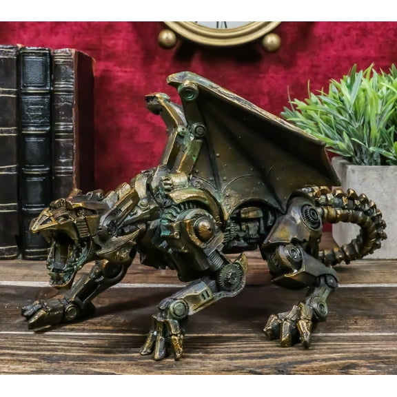 Crouching Steampunk Robotic Dragon Statue 10"L Mechanical Cyborg Dragon Beast
