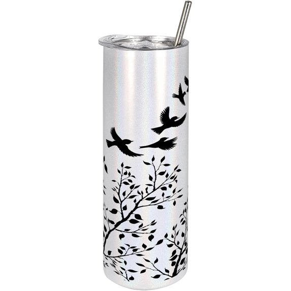 Crow 20 Oz Skinny Tumbler, Flock of Birds Flying Away from a Tree with Leafy Branches Black Silhouettes, Leak-Proof Straw Lid and Brush Vacuum Insulated for Outdoor Use, Black and White