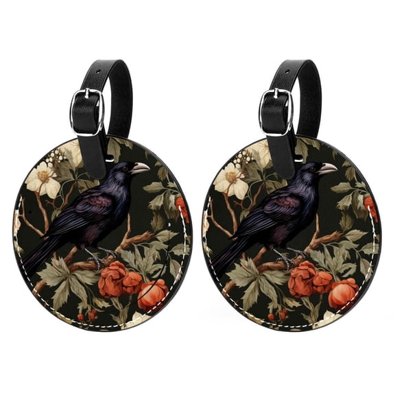 Crow 2pcs PU Leather Round Bag Tags with Privacy Cover and Name ID Tag - Suitcase Tags for Travel Luggage, Handbags, Backpacks, School Bags