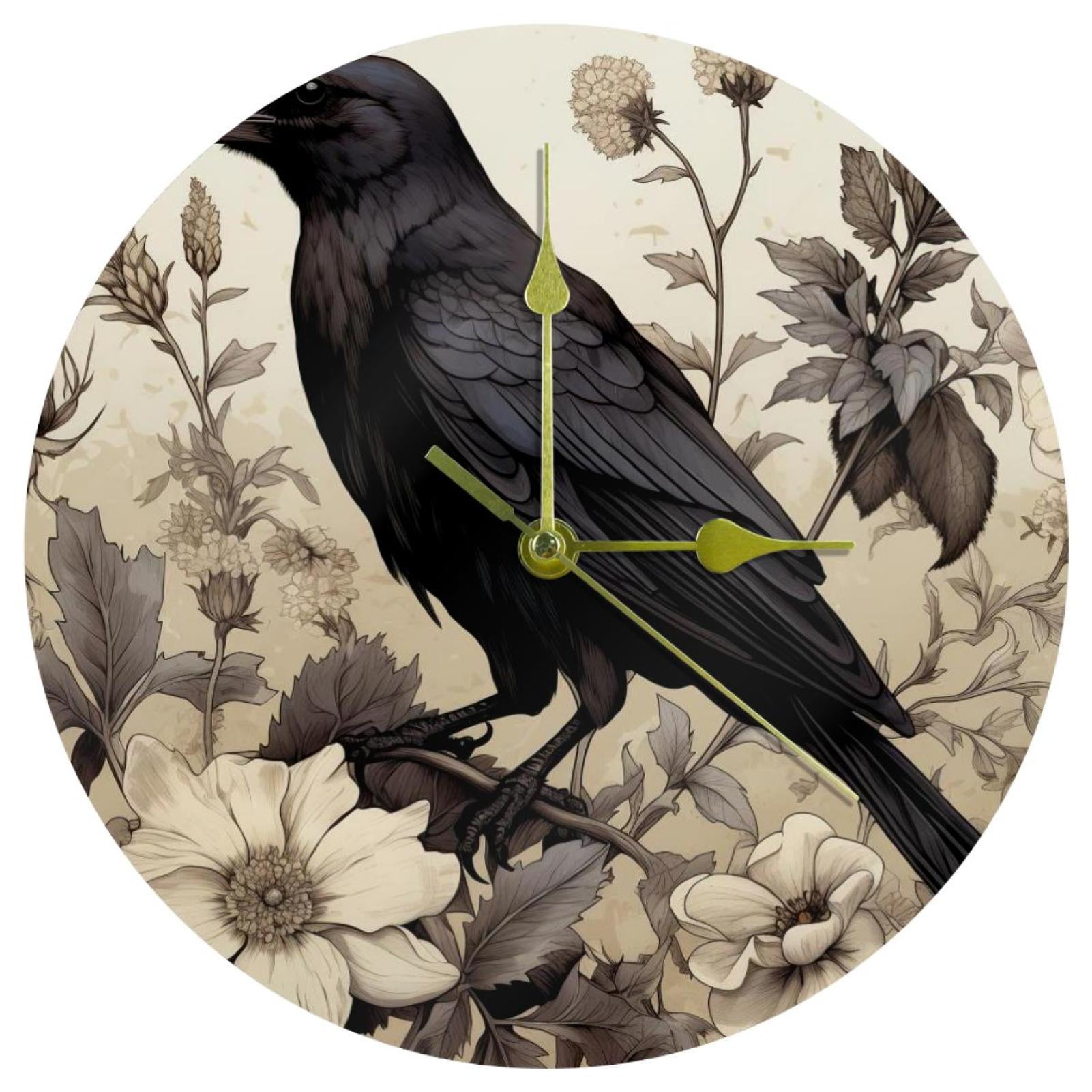 Crow 9.8Inch Round Acrylic Wall Clock, Silent NonTicking Battery