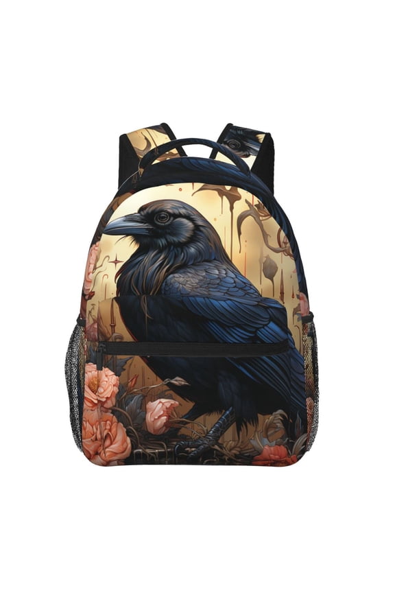 Crow And Flowers Raven Gothic Backpack Casual College Bag Zipper Laptop Daypack Hiking Rucksack Travel