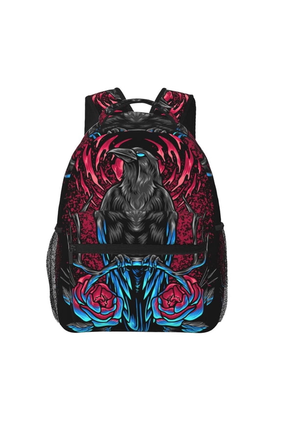 Crow And Flowers Raven Gothic Backpack Casual College Bag Zipper Laptop Daypack Hiking Rucksack Travel