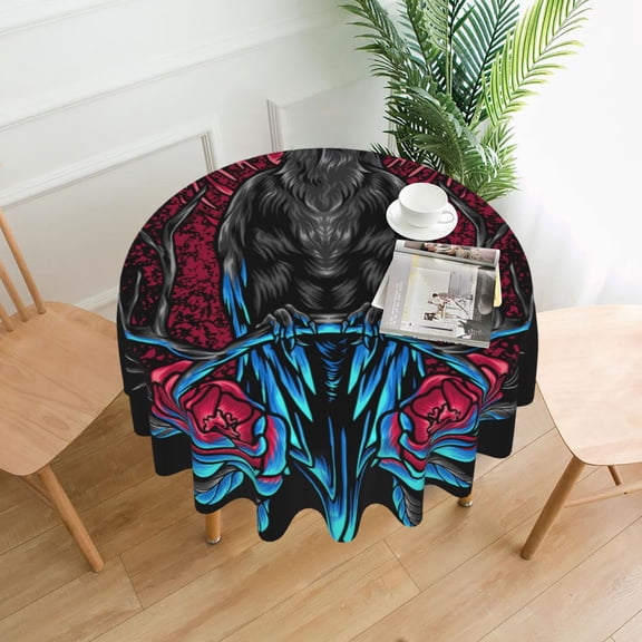 Crow And Flowers Raven Gothic Tablecloths Round 60 inch Fabric Table Cloth Cover for Dining Kitchen Wedding Party