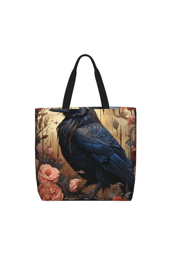 Crow And Flowers Raven Gothic Tote Bag Reusable Shoulder Handbag Top Handle Purse for Shopping Work