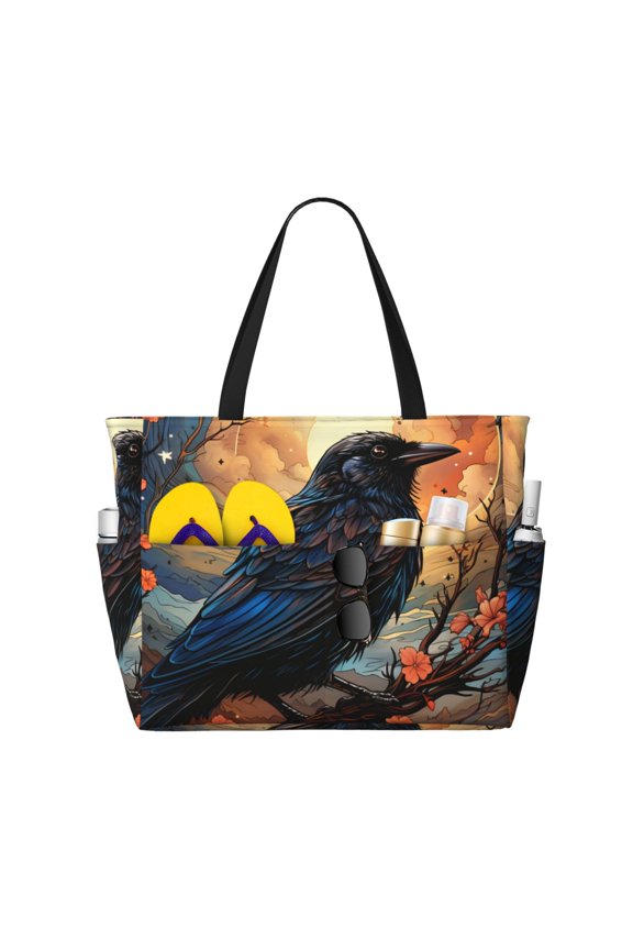 Crow And Flowers Raven Moon Art Large Capacity Beach Travel Tote Bag Shoulder Handbag for Gym Camping Shopping