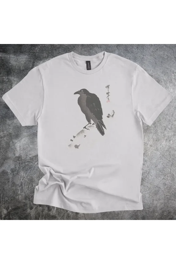 Crow Art Shirt Japanese Style Ink Bird Illustration Minimal Tshirt Asian Size S-5Xl Heygategoo Tee