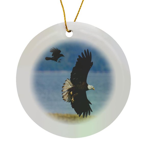 3drose, Crow Attacking Bald Eagle, Circle Porcelain Ornament