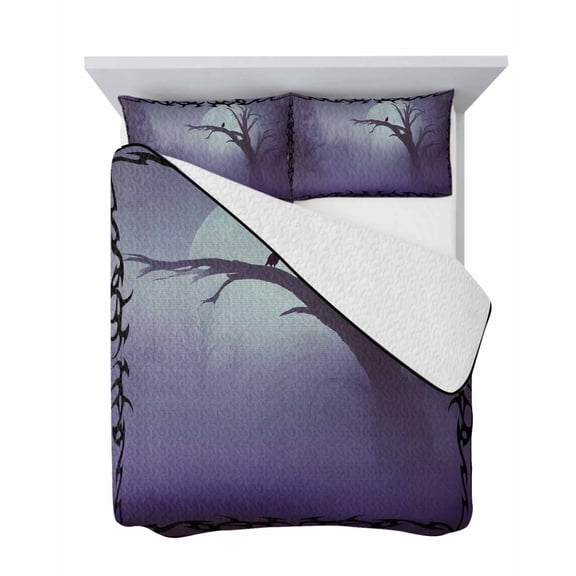 Crow Bare Tree 3 Piece Quilt Set Full Size, Goth Purple Foggy Forest Full Moon Soft Bedspread Coverlet Bedding Set Microfiber Lightweight Comforter Set with 2 Pillowcases for Bedroom