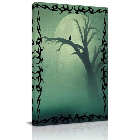 Crow Bare Tree Canvas Wall Art for Living Room, Goth Green Foggy Forest Full Moon Poster Print Painting for Bedroom Office Home Decoration Wall Pictures Prepare To Hang 8"x12"