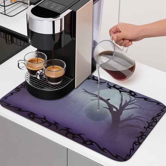 Crow Bare Tree Dish Drying Mats for Kitchen Counter, Goth Purple Foggy Forest Full Moon Absorbent Coffee Bar Mat with Non-slip Rubber Backed Quick Drying Dish Rack Pad 12"x16"