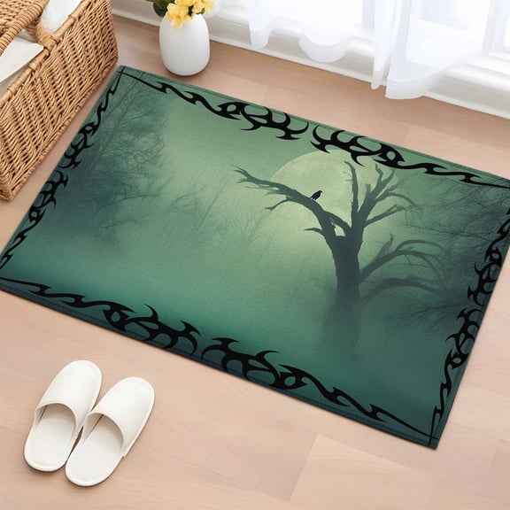 Crow Bare Tree Entryway Rug 2'x3' Goth Green Foggy Forest Full Moon Small Area Rug Non-Slip Front Door Mat Washable Floor Carpet for Indoor Entrance Kitchen Bathroom
