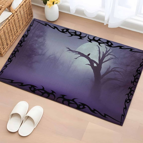 Crow Bare Tree Entryway Rug 2'x3' Goth Purple Foggy Forest Full Moon Small Area Rug Non-Slip Front Door Mat Washable Floor Carpet for Indoor Entrance Kitchen Bathroom