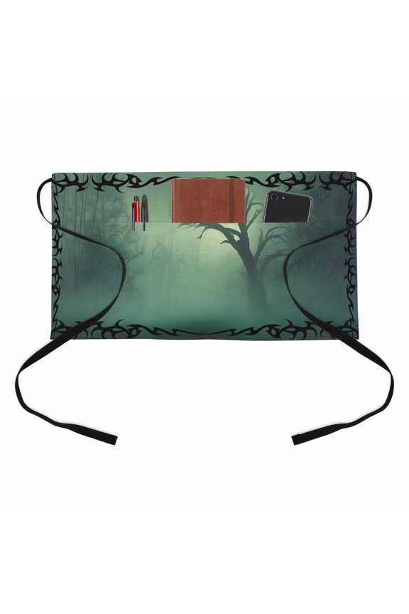 Crow Bare Tree Kitchen Restaurant Half Waist Apron, Goth Green Foggy Forest Full Moon Server Short Apron with 3 Pockets Waterproof Oil Waist Aprons for Women Waitress Waiter