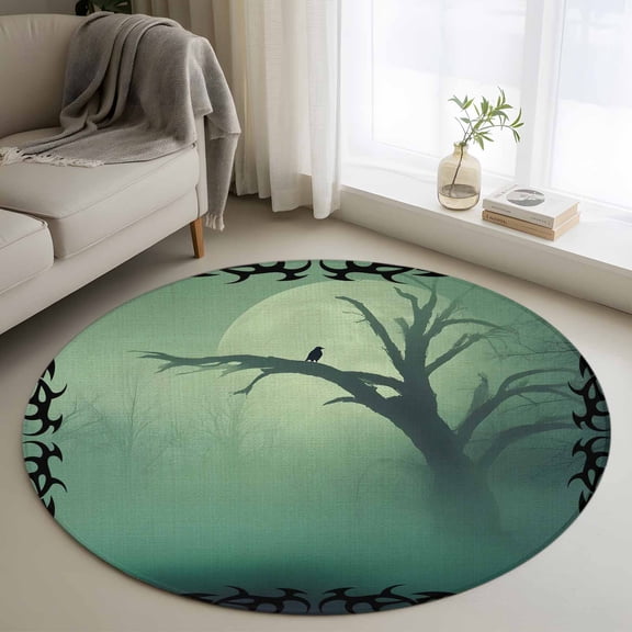 Crow Bare Tree Round Rug 4Ft Goth Green Foggy Forest Full Moon Circle Area Rugs Washable Non Slip Indoor Floor Mats Carpet for Living Room Bedroom Dining Room Home Decor