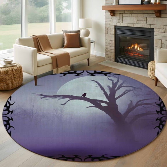 Crow Bare Tree Round Rug 5Ft Goth Purple Foggy Forest Full Moon Circle Area Rugs Washable Non Slip Indoor Floor Mats Carpet for Living Room Bedroom Dining Room Home Decor