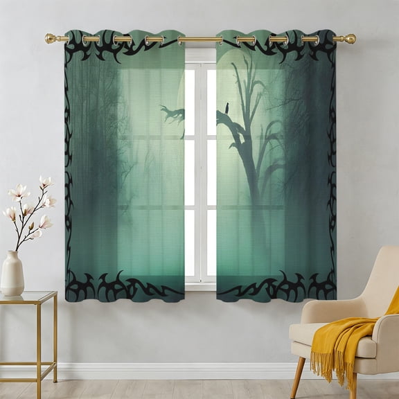 Crow Bare Tree Sheer Curtains 45 Inch Long 2 Panels, Goth Green Foggy Forest Full Moon Light Filtering Semi Sheer Drapes Grommet Voile Window Curtain for Living Bedroom W42 x L45